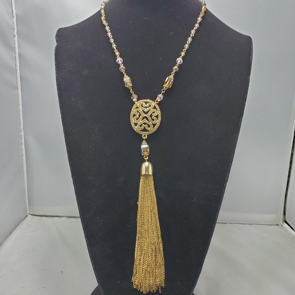 Ali Khan filigree pendant / chain tassel & linked peach glass beads & gi… - Picture 3 of 6